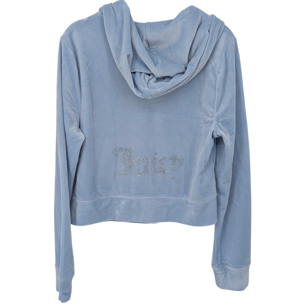 Juicy Couture Velour Hoodie Women XL Baby Blue Rhinestone Logo Y2K Cropped